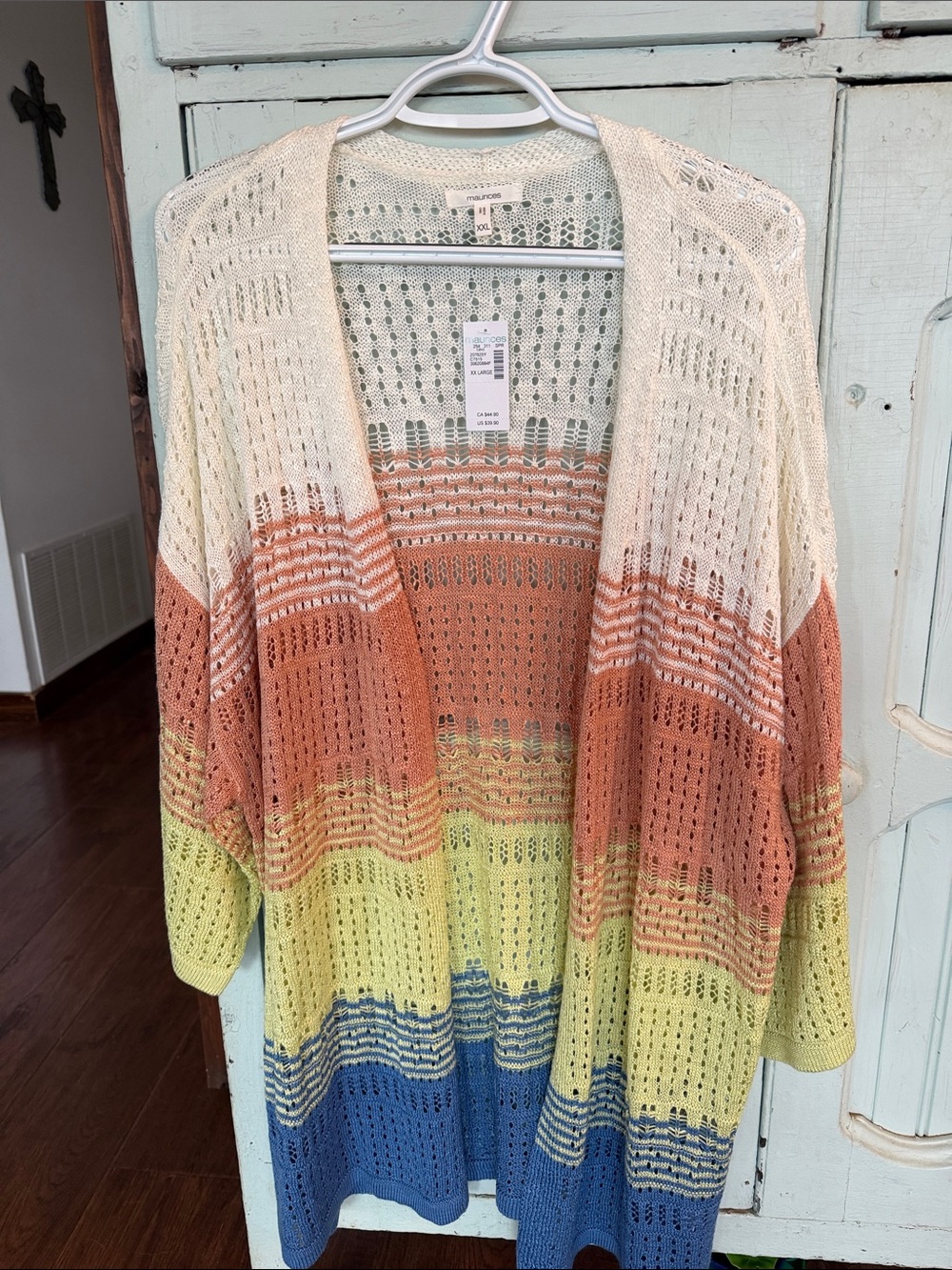 NWT Maurices Open-Front Striped Knit Cardigan in Cream, Rust, Yellow, Blue Boho